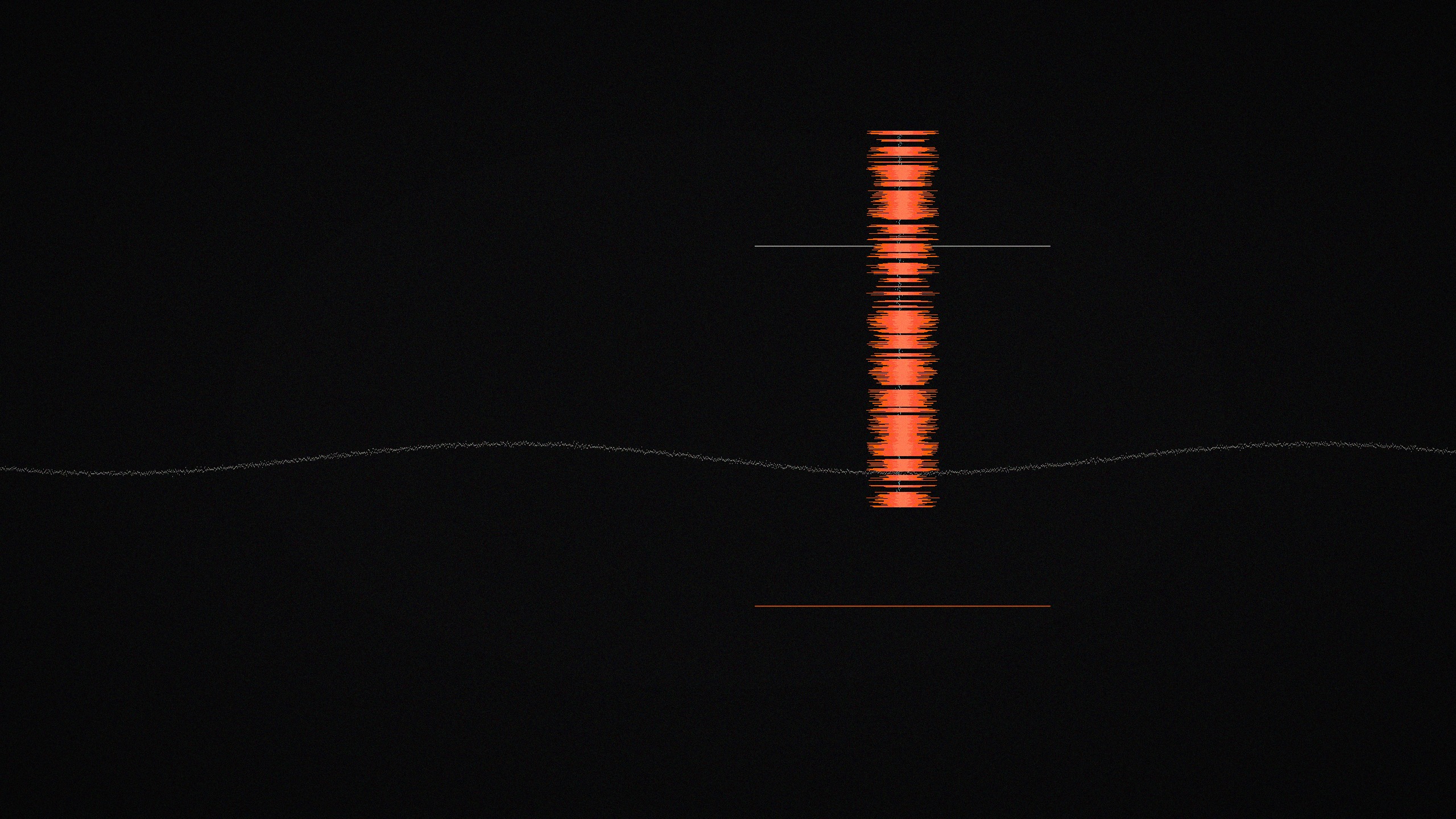 an abstract dark canvas with a calm gray signal line interrupted by a single red-orange glitch spike