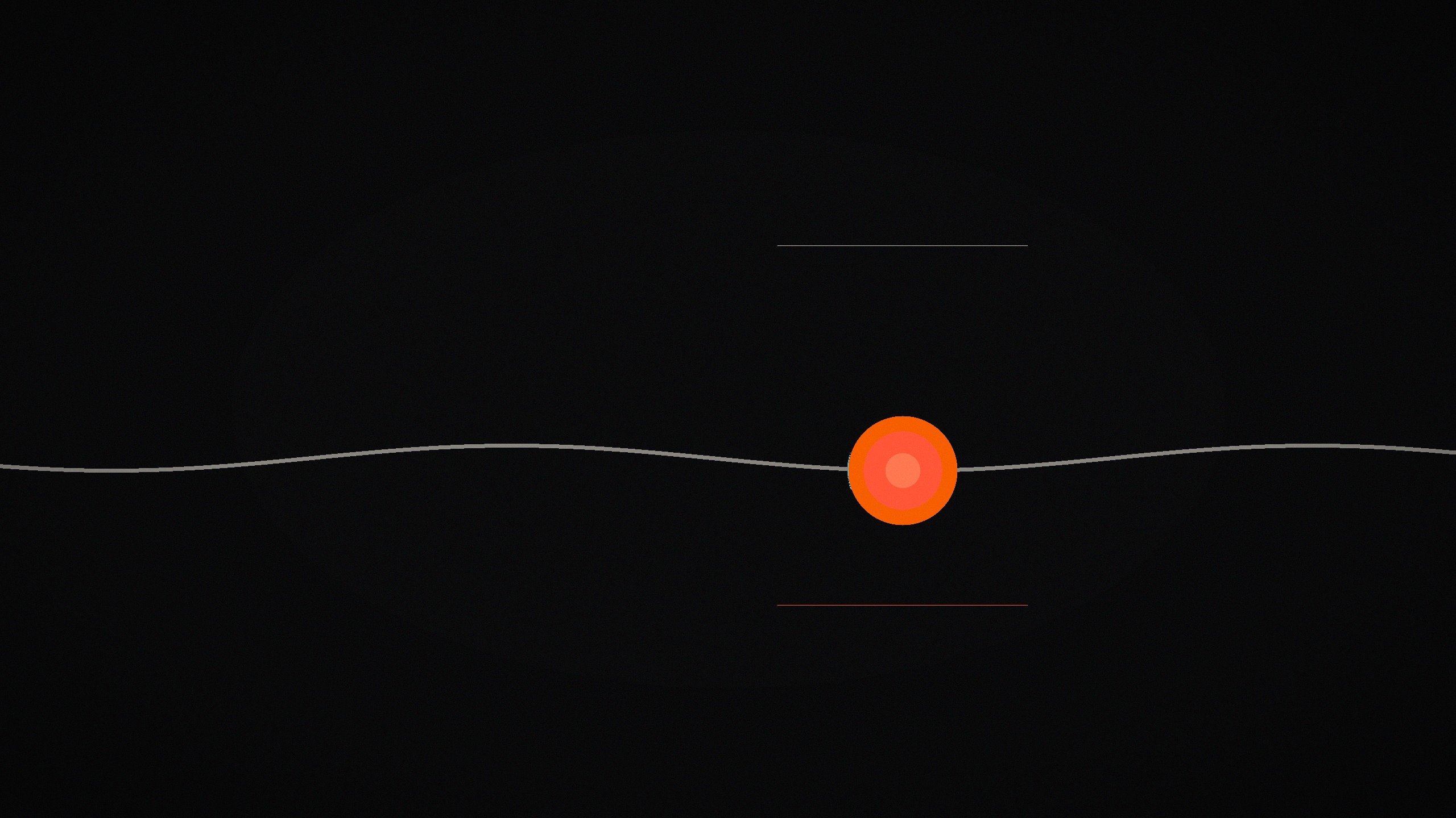 a near-black field with a calm gray signal line, a red-orange node sitting on the line right of center, and two thin structural bars