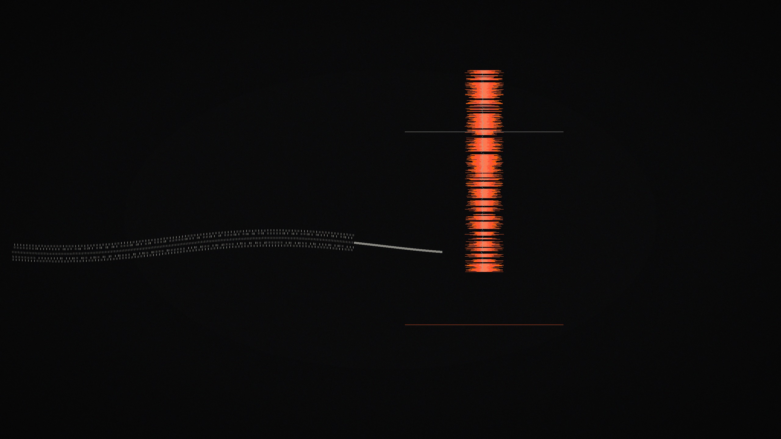 a near-black field with a calm gray signal line across the left, and a single red-orange spike of stacked slices right of center
